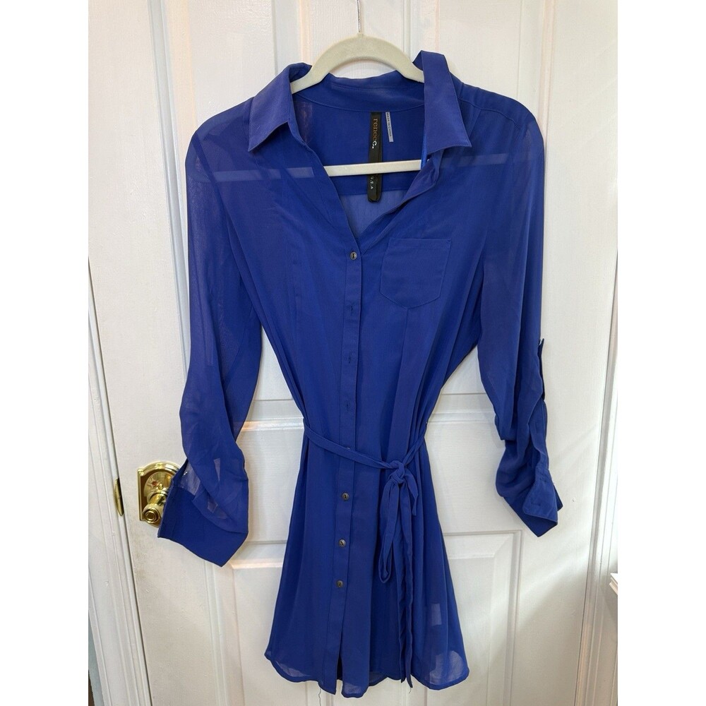 Renee C. Blue Sheer Shirt Dress Women’s Small Button Front Tie Waist Long Sleeve